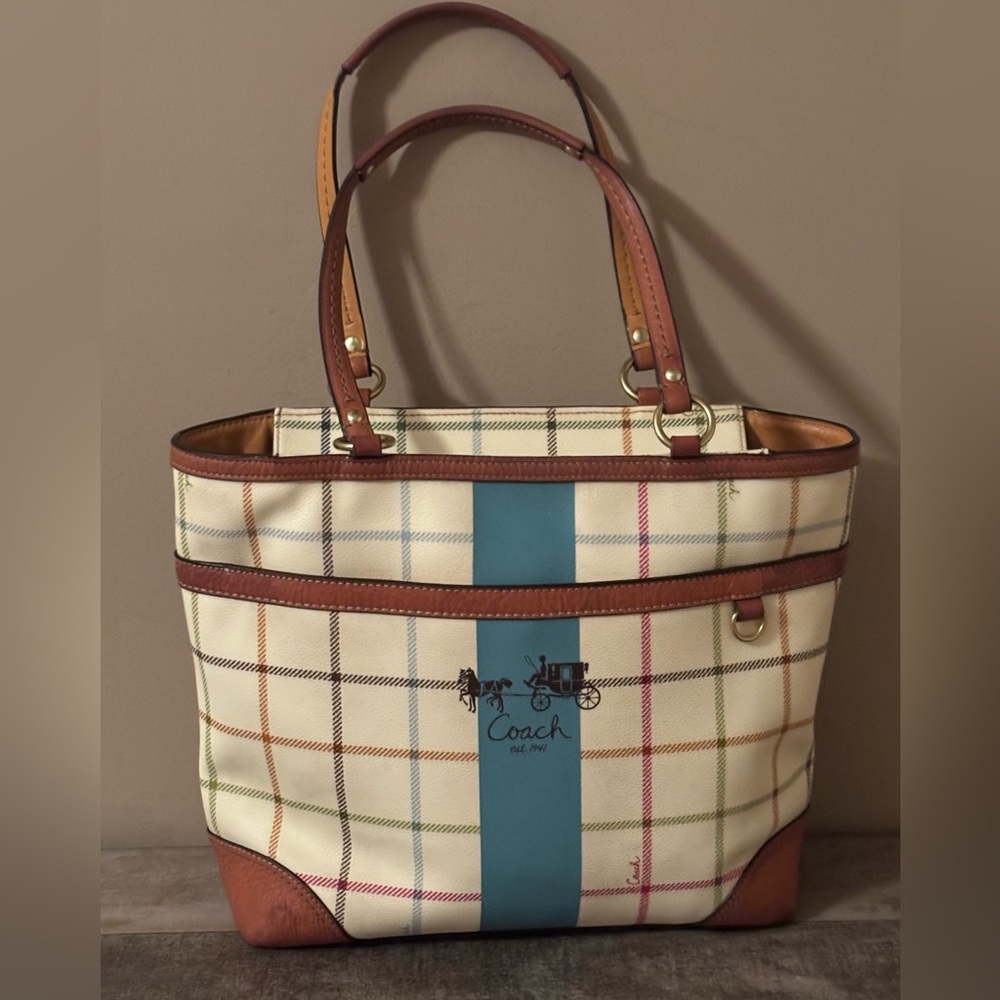 Coach Cream Plaid Tote with Brown Leather Trim and Blue Stripe
